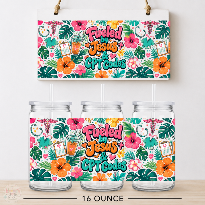 Fueled by Jesus & CPT Codes Tropical UV DTF Cup Wrap | 16 oz Medical Coder Acrylic Cup