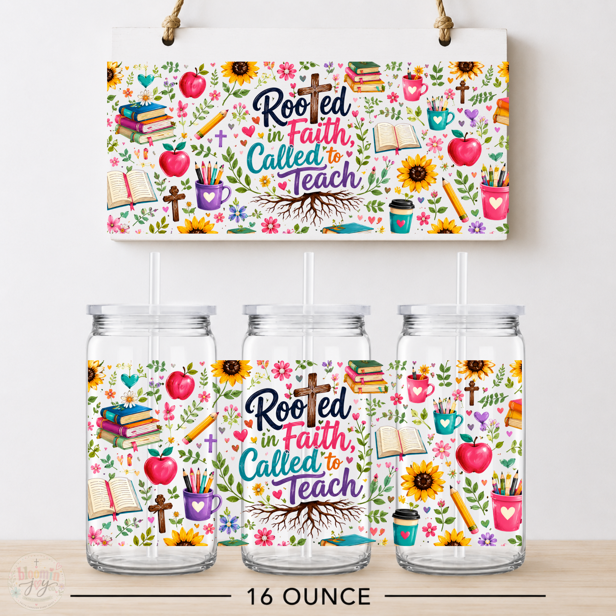 Rooted in Faith Called to Teach UV DTF Cup Wrap | Christian Teacher Gift | 16 oz Acrylic Cup
