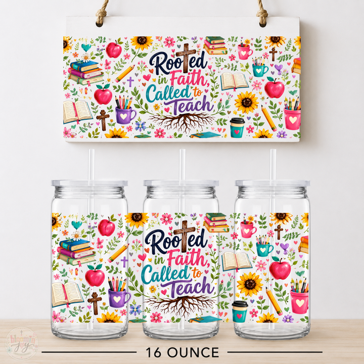 Rooted in Faith Called to Teach UV DTF Cup Wrap | Christian Teacher Gift | 16 oz Acrylic Cup
