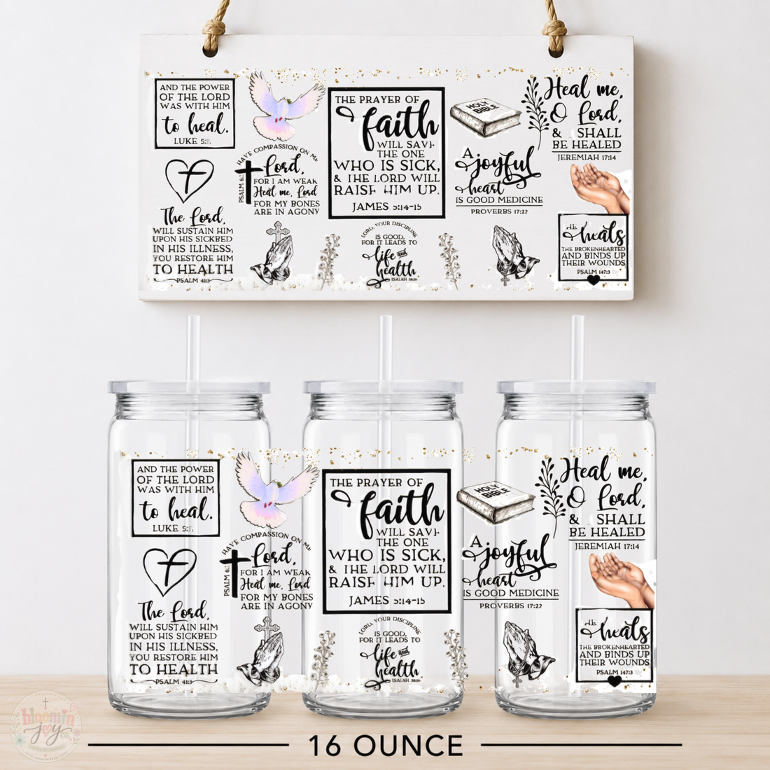 Healing Scriptures Prayer of Faith UV DTF Cup Wrap | Christian Bible Verse 16 oz Cup