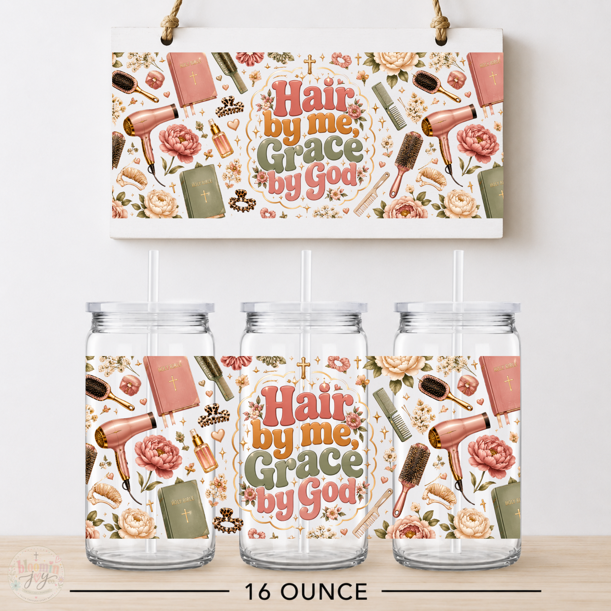 Hair by Me Grace by God UV DTF Cup Wrap | Christian Hairstylist 16 oz Cup