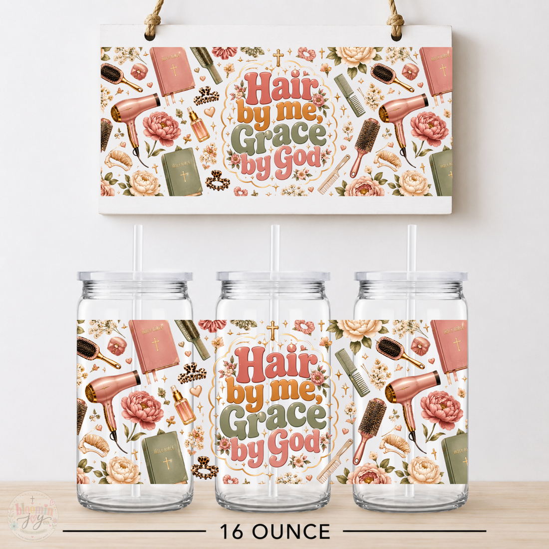 Hair by Me Grace by God UV DTF Cup Wrap | Christian Hairstylist 16 oz Cup