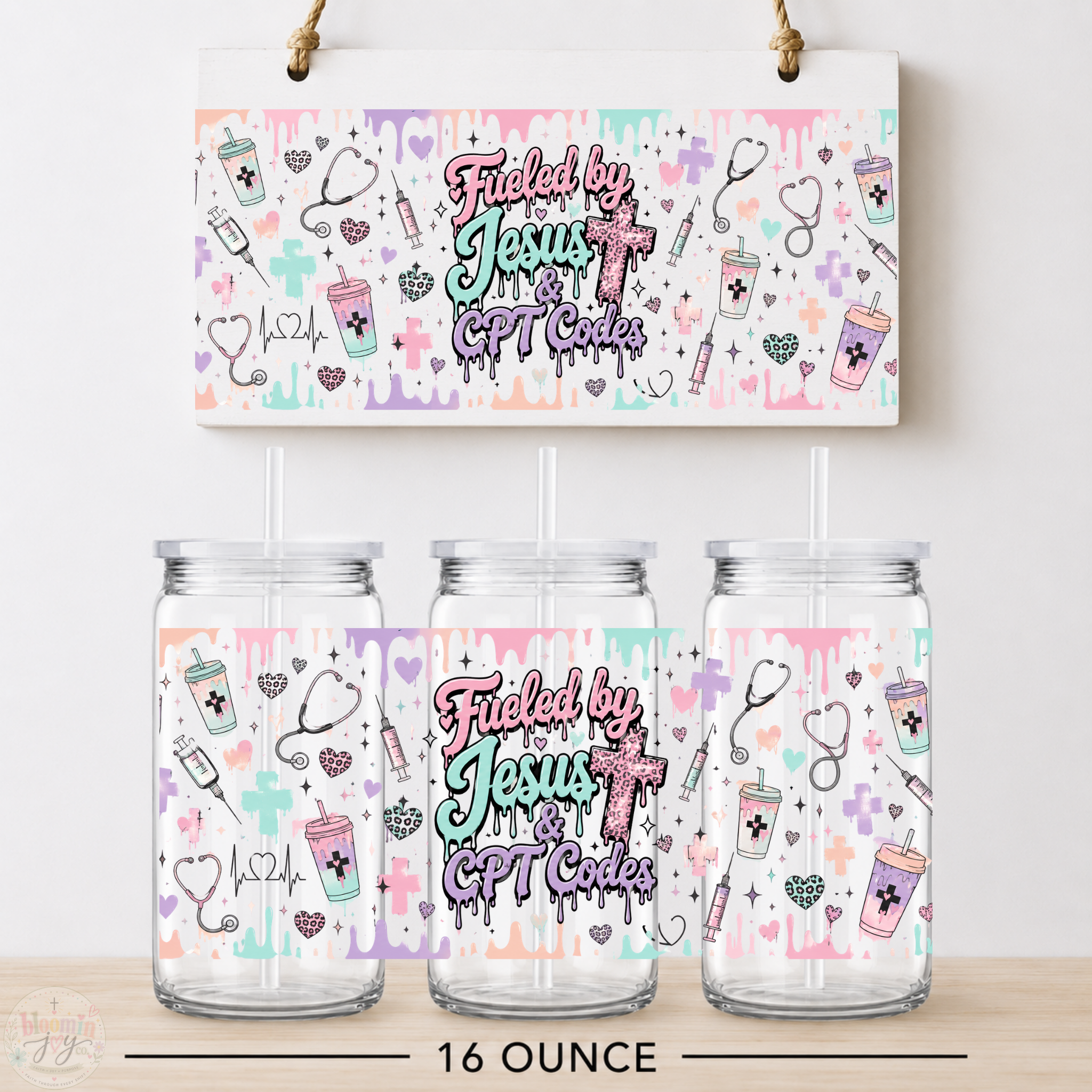 Fueled by Jesus & CPT Codes UV DTF Cup Wrap | Medical Coder 16 oz Acrylic Cup
