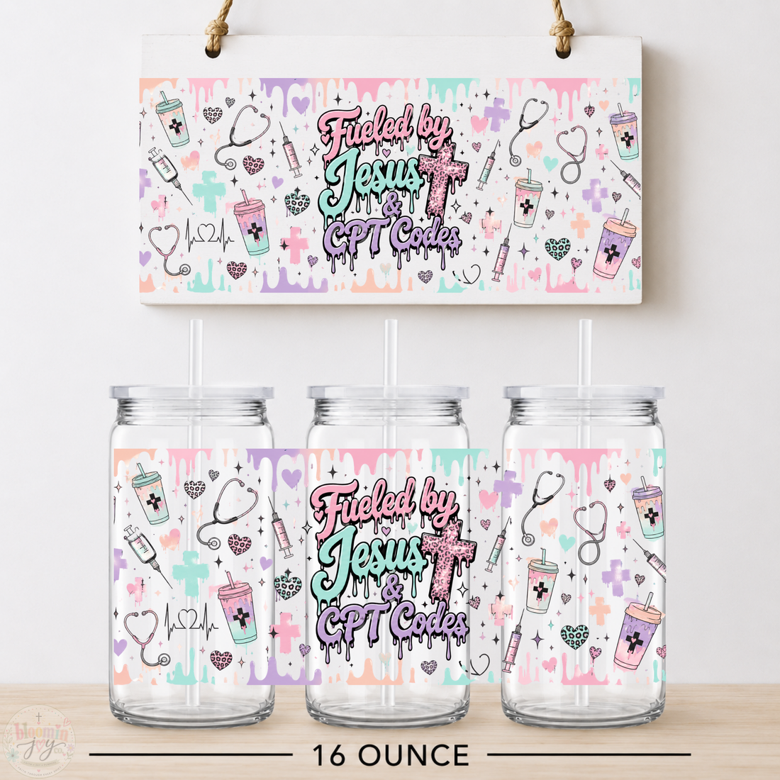 Fueled by Jesus & CPT Codes UV DTF Cup Wrap | Medical Coder 16 oz Acrylic Cup