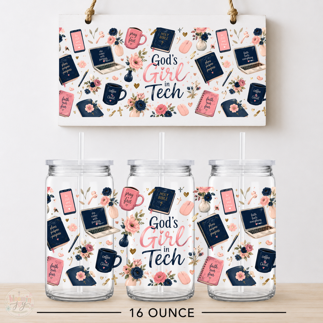 God’s Girl in Tech UV DTF Cup Wrap | Christian Tech Gift | 16 oz
