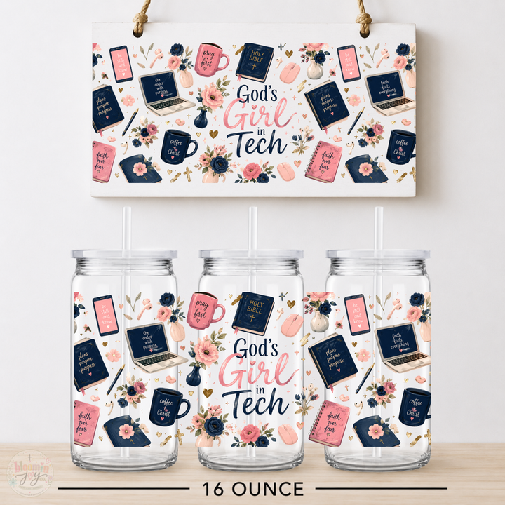 God’s Girl in Tech UV DTF Cup Wrap | Christian Tech Gift | 16 oz