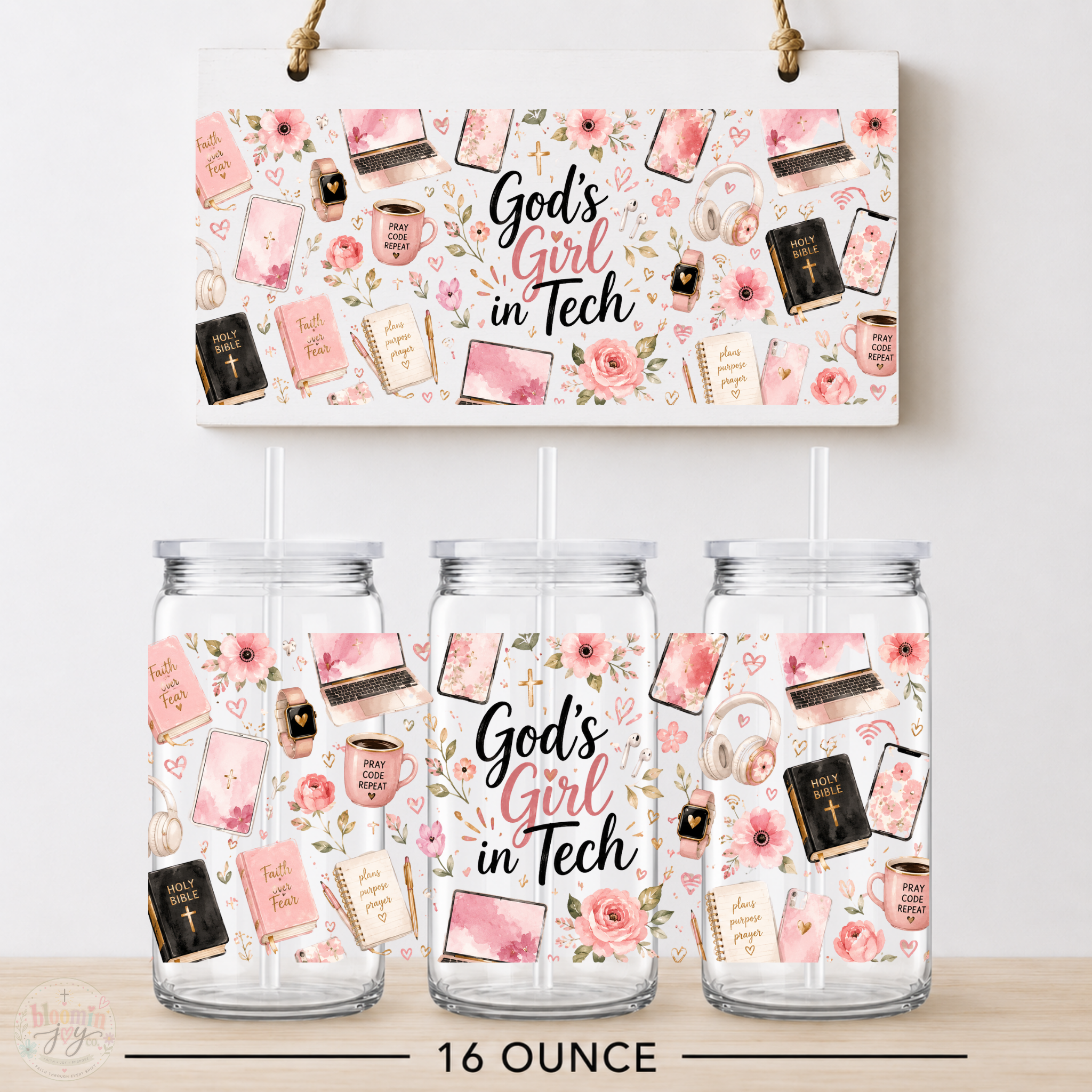 God’s Girl in Tech Pink Floral UV DTF Cup Wrap | Christian Tech Gift | 16 oz