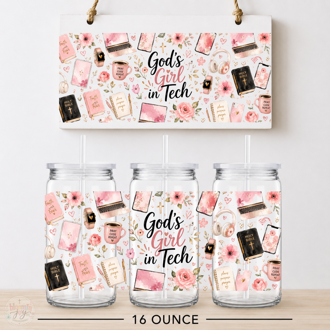 God’s Girl in Tech Pink Floral UV DTF Cup Wrap | Christian Tech Gift | 16 oz
