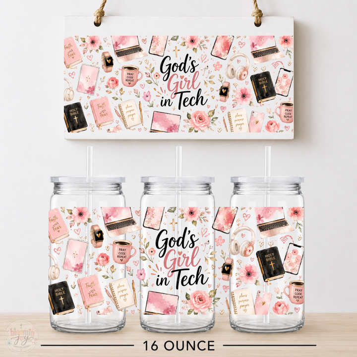 God’s Girl in Tech Pink Floral UV DTF Cup Wrap | Christian Tech Gift | 16 oz
