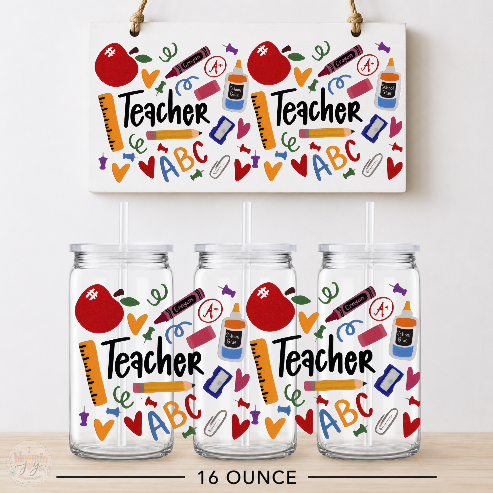 Teacher School Supplies UV DTF Cup Wrap | Colorful Educator Gift | 16 oz