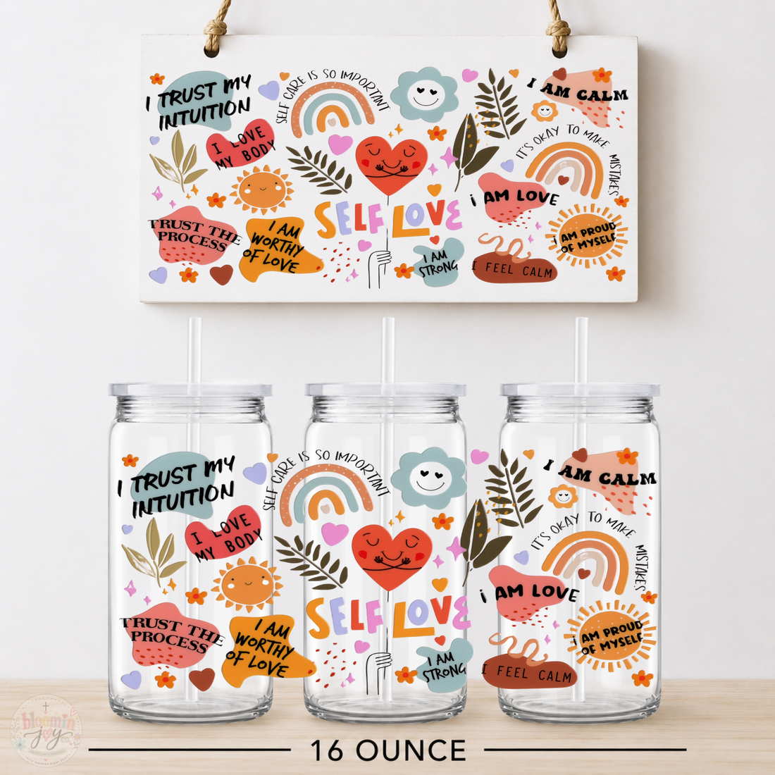 Self Love Affirmations UV DTF Cup Wrap | Positive Self-Care Design | 16 oz