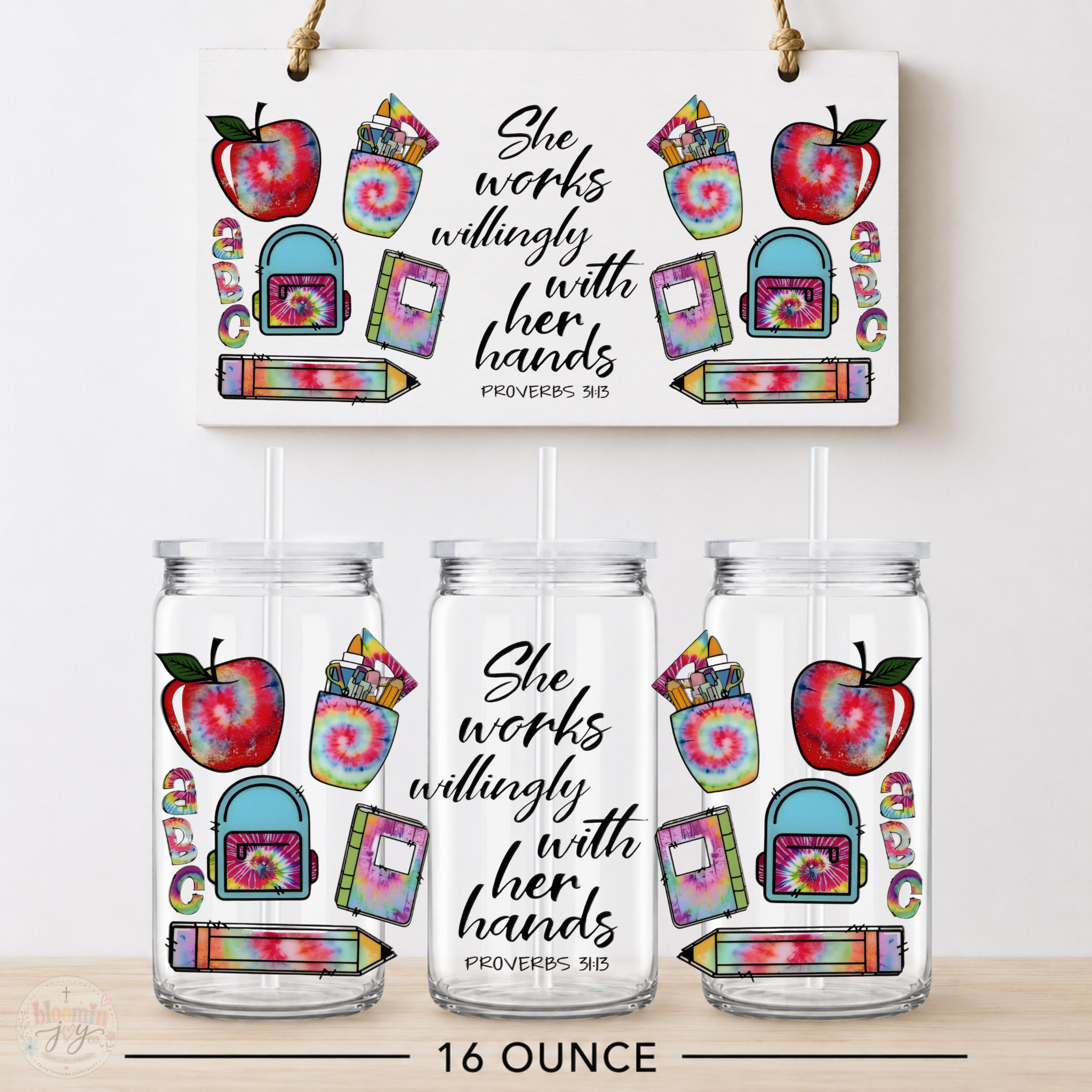 She Works Willingly With Her Hands Teacher UV DTF Cup Wrap | Proverbs 31:13 | 16 oz