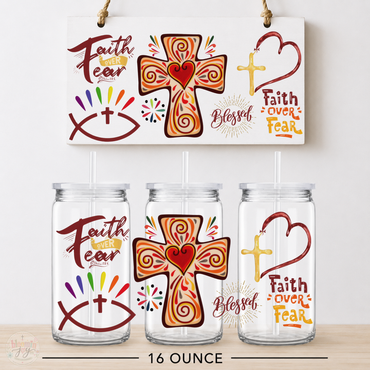 Faith Over Fear Colorful Cross UV DTF Cup Wrap | Christian Gift | 16 oz