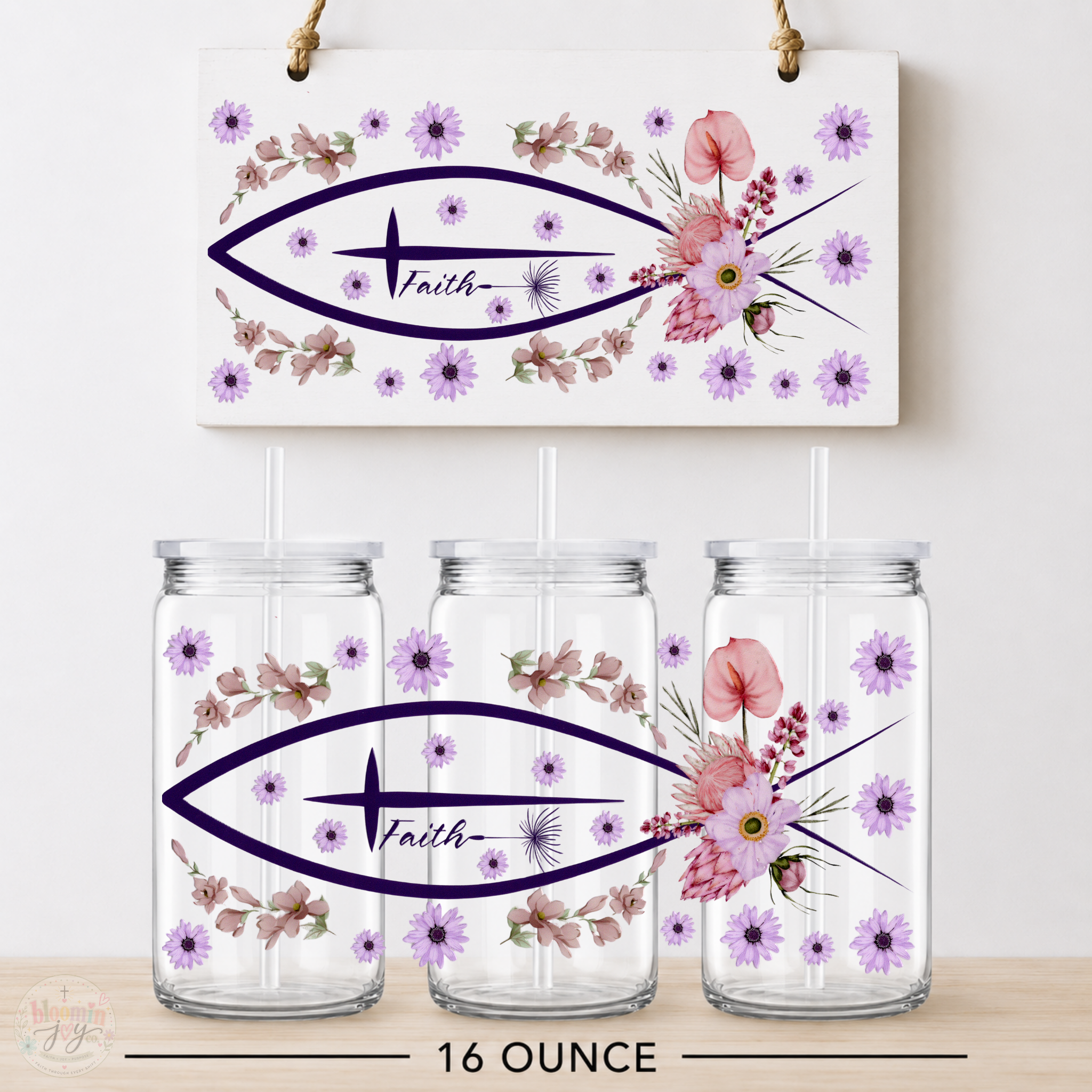 Floral Faith Christian Fish UV DTF Cup Wrap | 16 oz Christian Cup