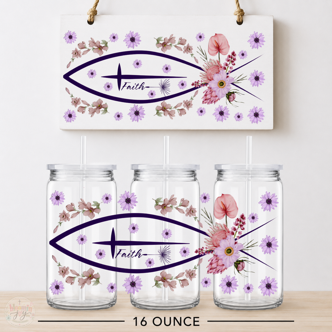 Floral Faith Christian Fish UV DTF Cup Wrap | 16 oz Christian Cup