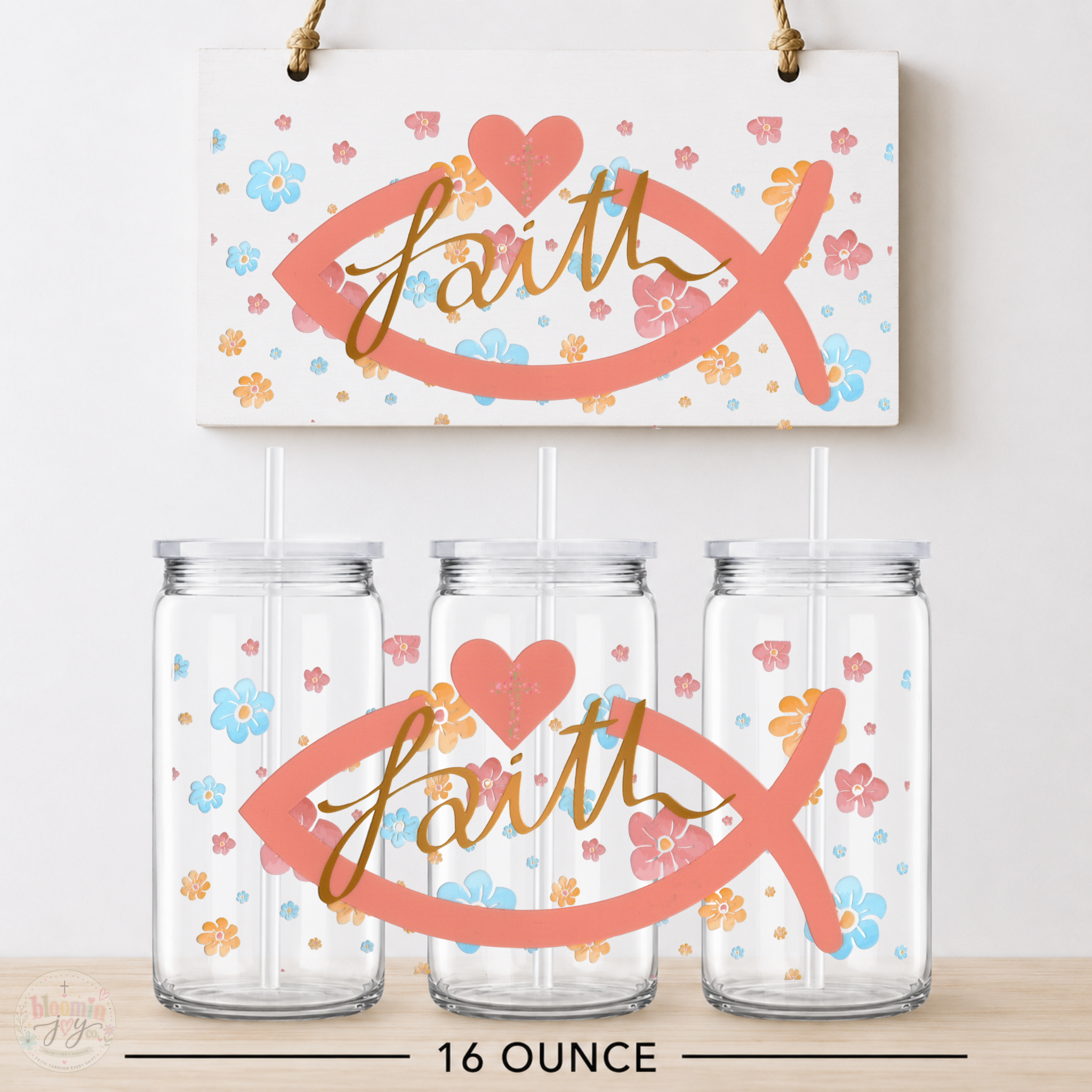 Coral Floral Faith Christian Fish UV DTF Cup Wrap | 16 oz