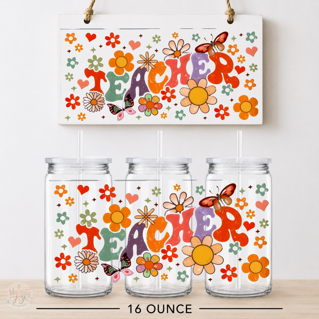 Retro Groovy Teacher Floral UV DTF Cup Wrap | 16 oz