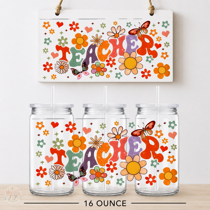 Retro Groovy Teacher Floral UV DTF Cup Wrap | 16 oz