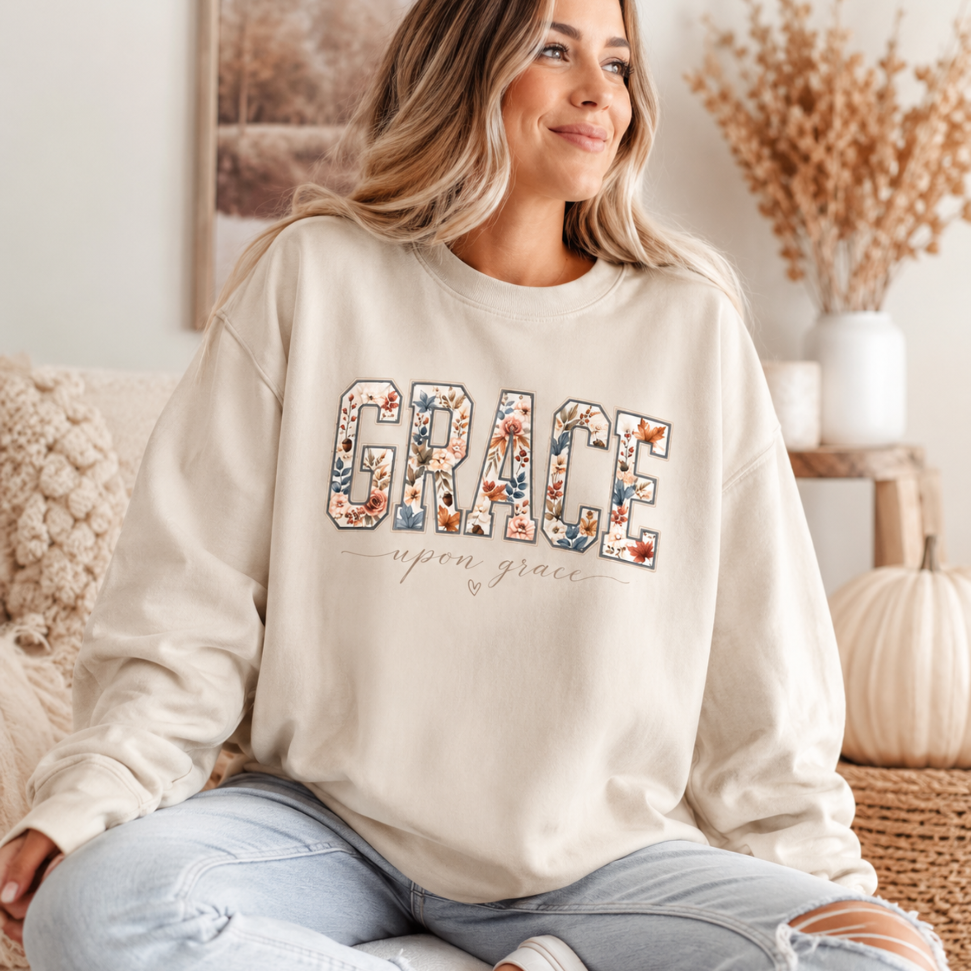 Grace Upon Grace Floral Varsity Crewneck