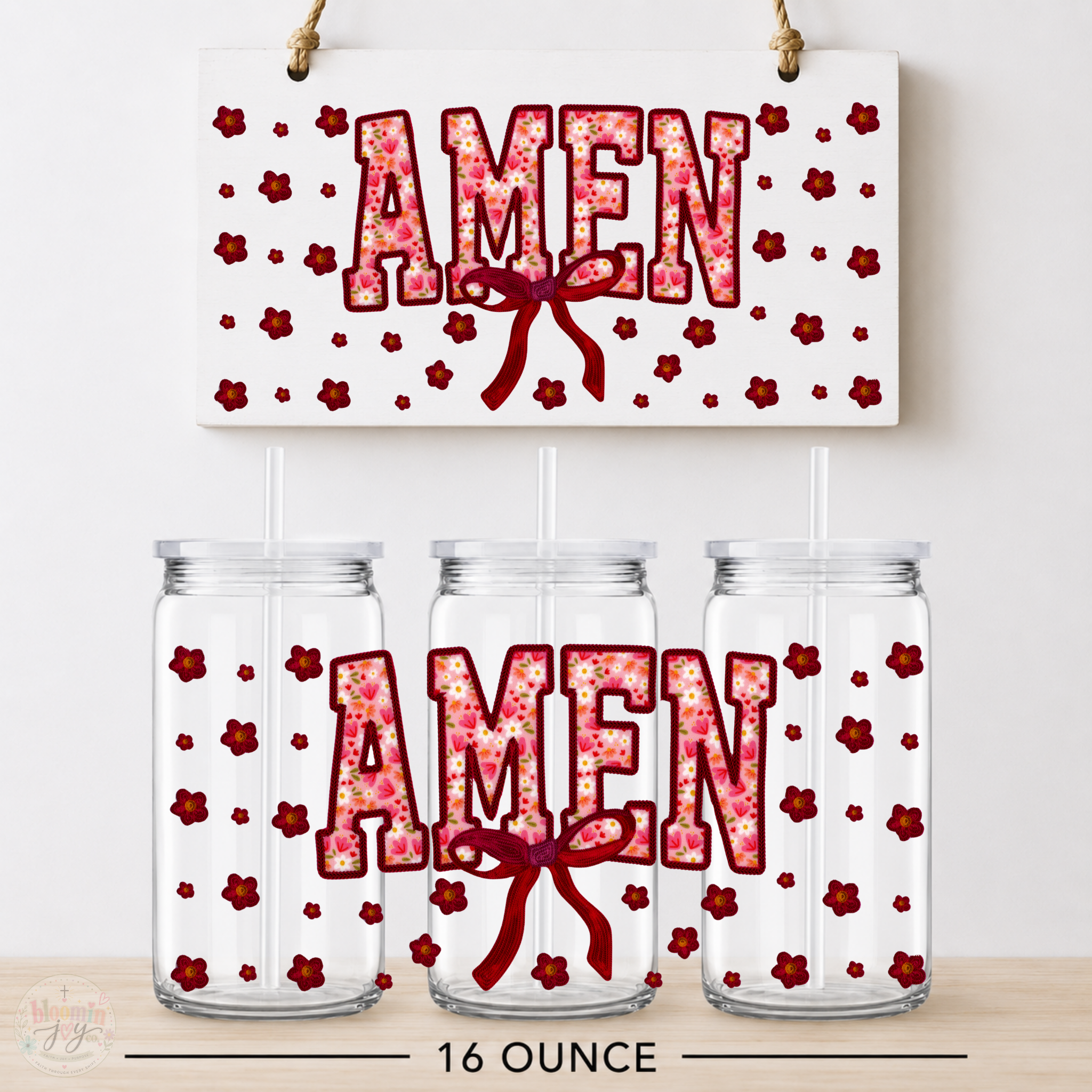 Amen Floral Bow UV DTF Cup Wrap | Christian Faith Gift | 16 oz