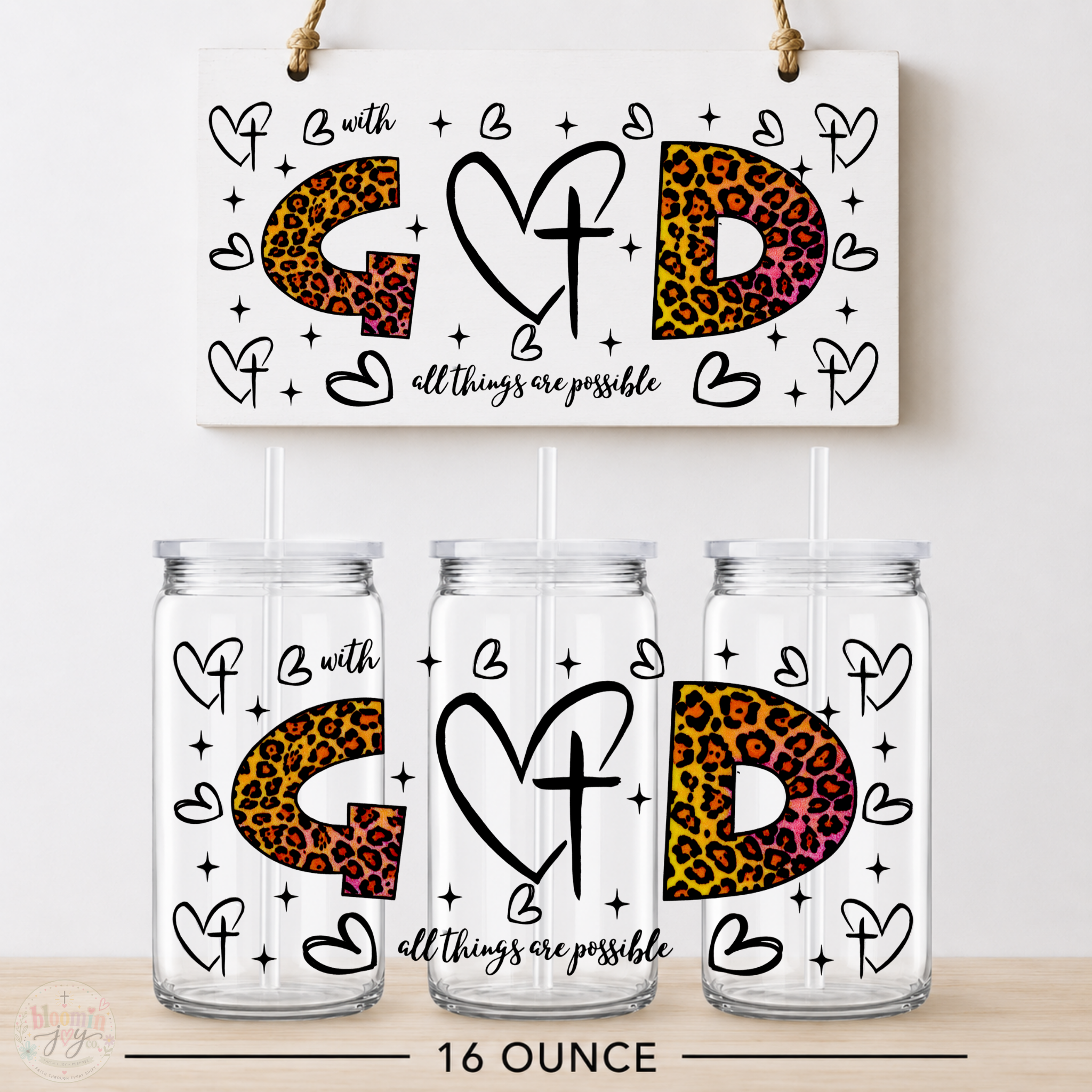 With God All Things Are Possible UV DTF Cup Wrap | Christian Leopard Print Gift | 16 oz