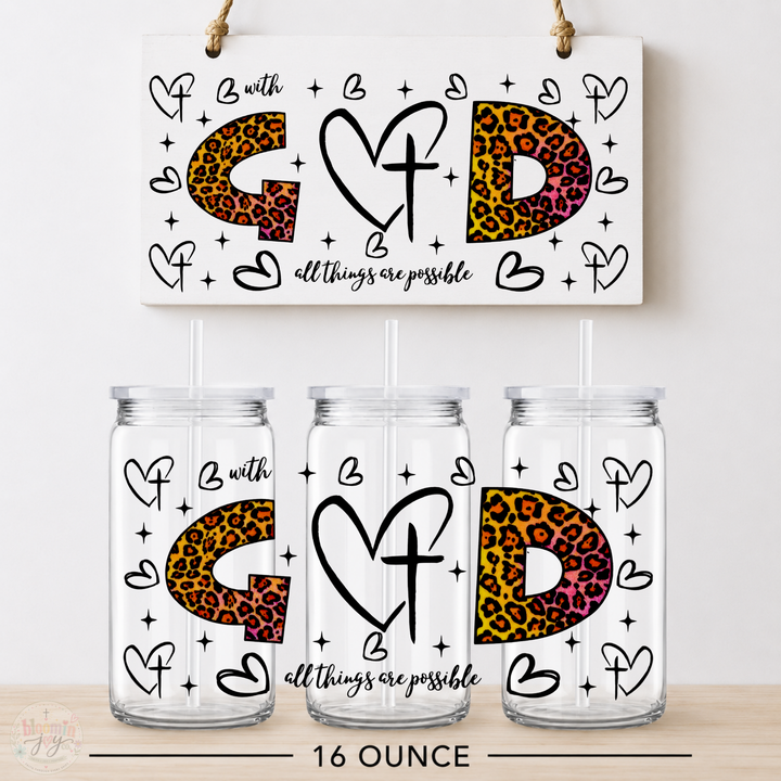 With God All Things Are Possible UV DTF Cup Wrap | Christian Leopard Print Gift | 16 oz