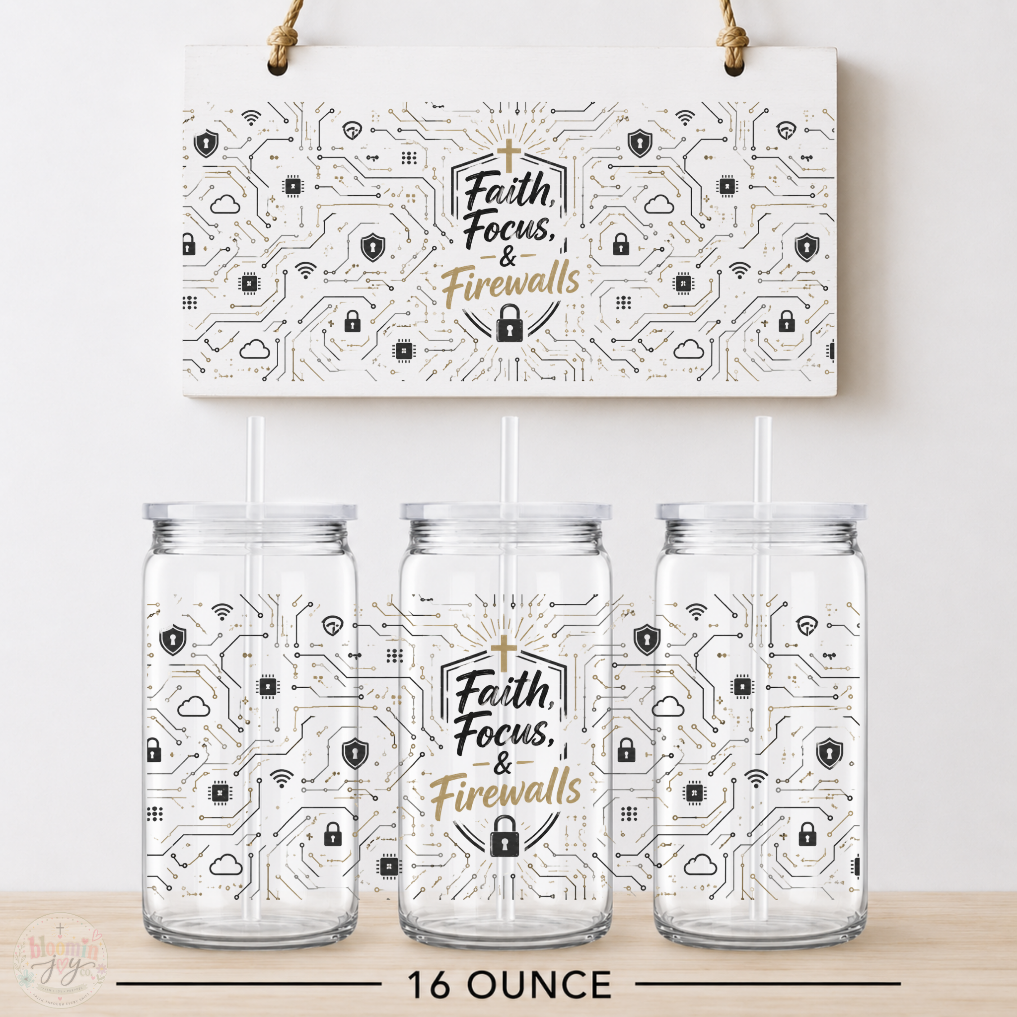 Faith Focus and Firewalls UV DTF Cup Wrap | Christian IT Gift | 16 oz