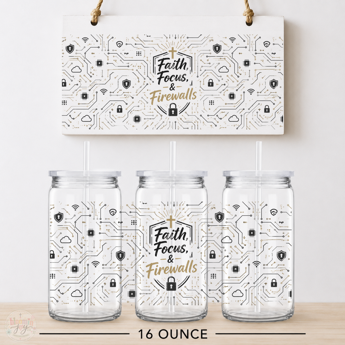 Faith Focus and Firewalls UV DTF Cup Wrap | Christian IT Gift | 16 oz