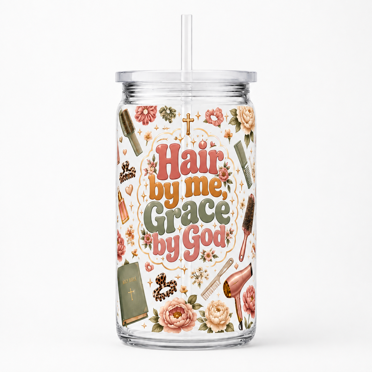 Hair by Me Grace by God UV DTF Cup Wrap | Christian Hairstylist 16 oz Cup