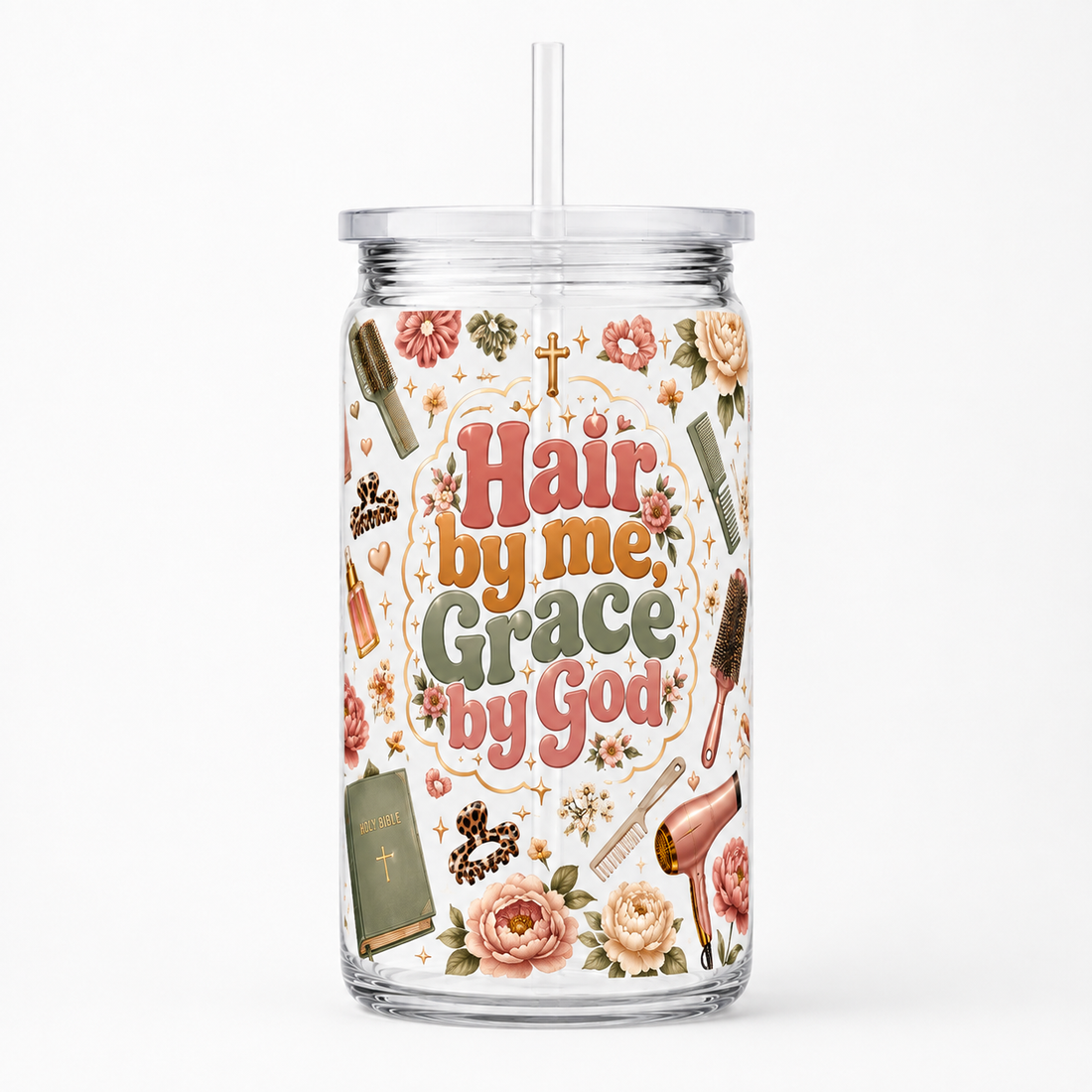 Hair by Me Grace by God UV DTF Cup Wrap | Christian Hairstylist 16 oz Cup