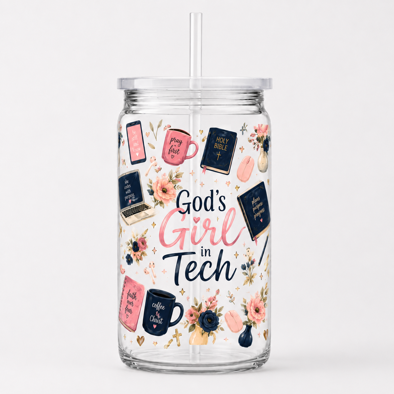 God’s Girl in Tech UV DTF Cup Wrap | Christian Tech Gift | 16 oz