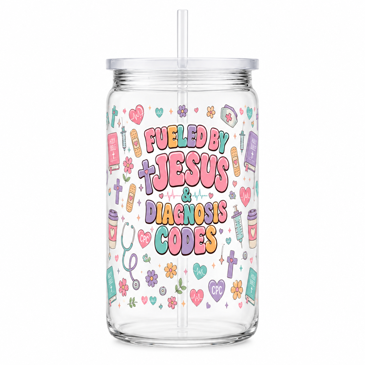 Fueled by Jesus and Diagnosis Codes Medical Coder UV DTF Cup Wrap | 16 oz