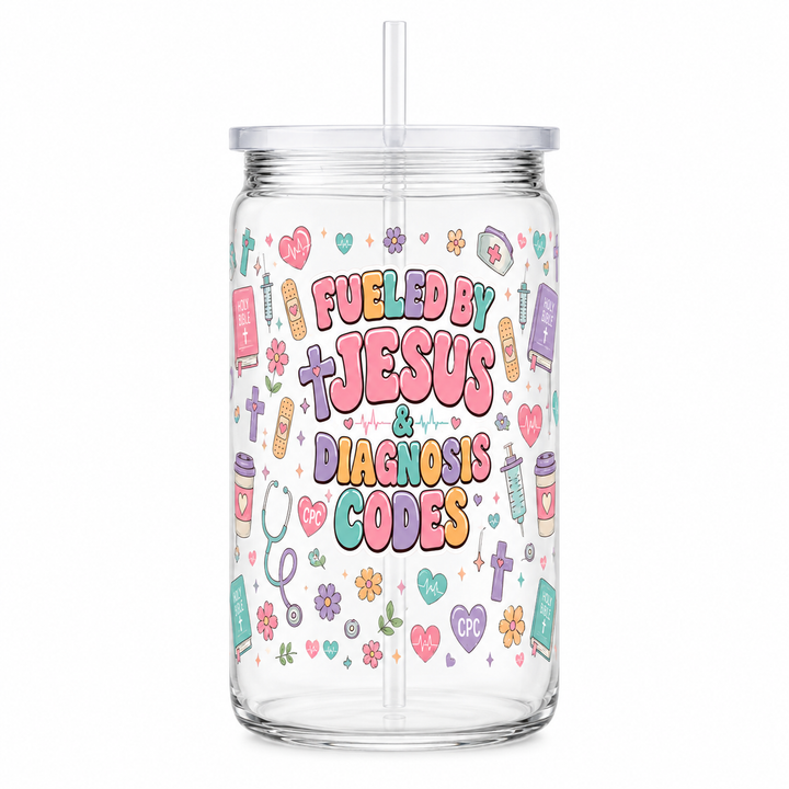 Fueled by Jesus and Diagnosis Codes Medical Coder UV DTF Cup Wrap | 16 oz