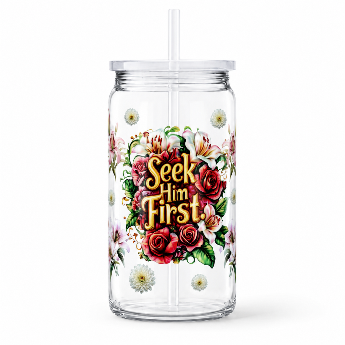 Seek Him First Floral UV DTF Cup Wrap | Christian Gift for Her | 16 oz