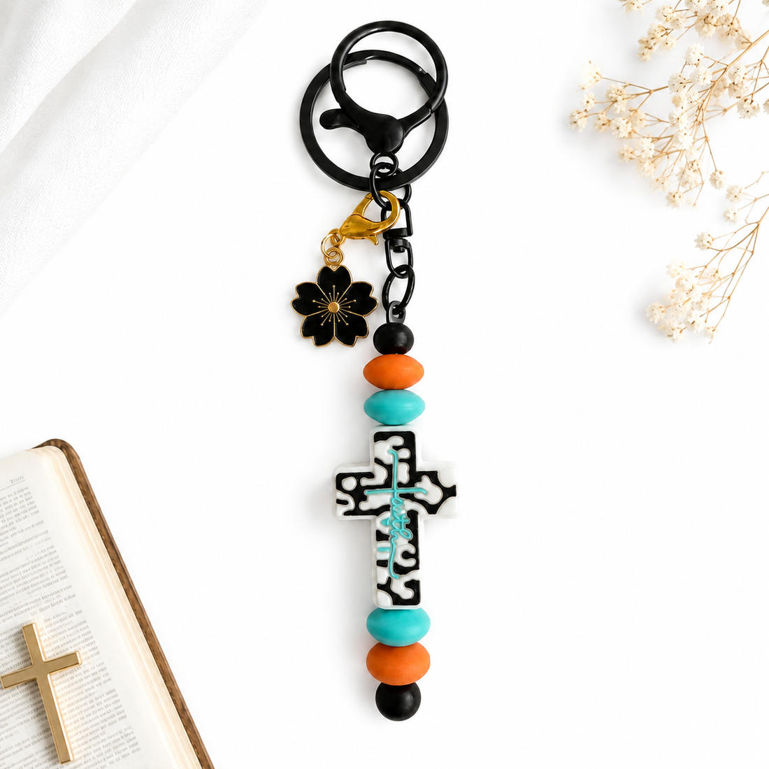 Faith-Based Cross Beaded Keychain | Turquoise, Orange & Black Christian Keychain
