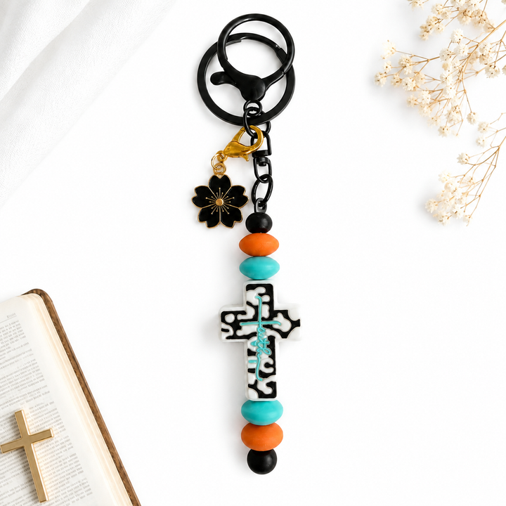 Faith-Based Cross Beaded Keychain | Turquoise, Orange & Black Christian Keychain