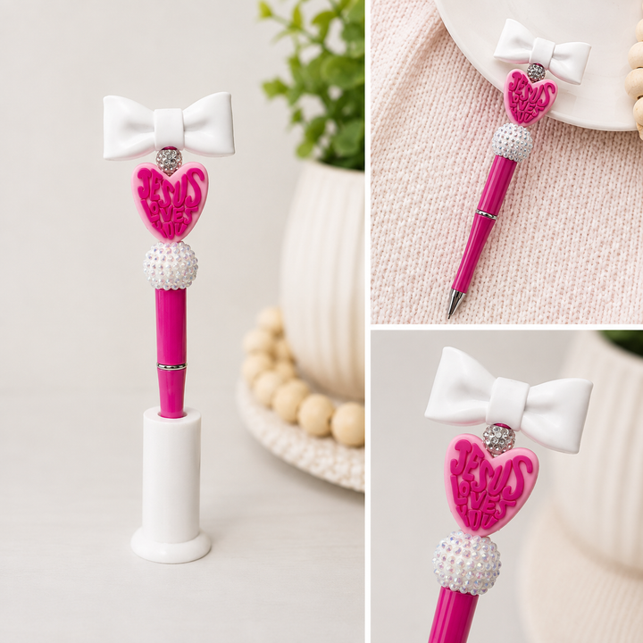 Jesus Loves You Pink Heart Bow Pen | Rhinestone Beaded Pen | Christian Gift