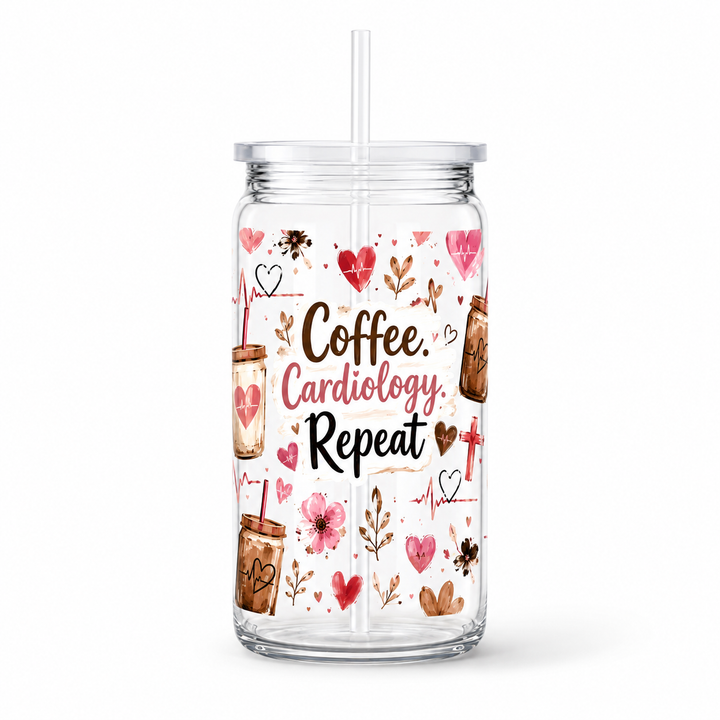 Coffee Cardiology Repeat UV DTF Cup Wrap | 16 oz Cardiac Healthcare Acrylic Cup