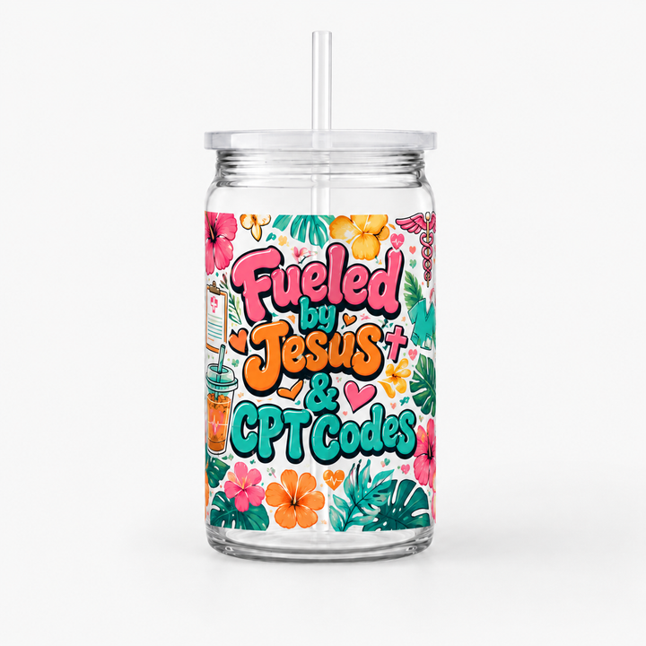 Fueled by Jesus & CPT Codes Tropical UV DTF Cup Wrap | 16 oz Medical Coder Acrylic Cup