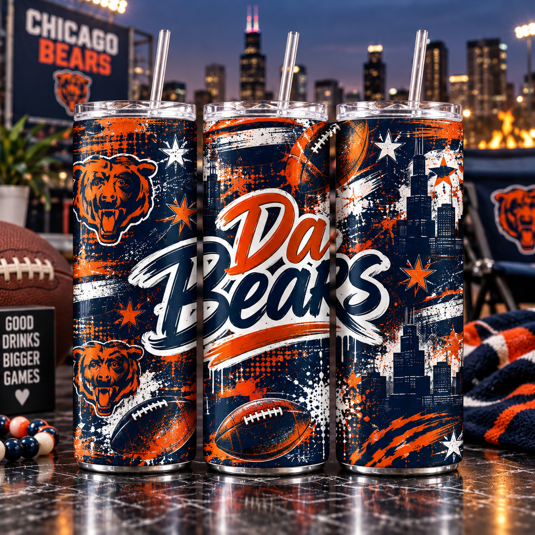 Chicago Football Inspired 20 oz Tumbler | Da Bears Game Day Cup | Navy and Orange
