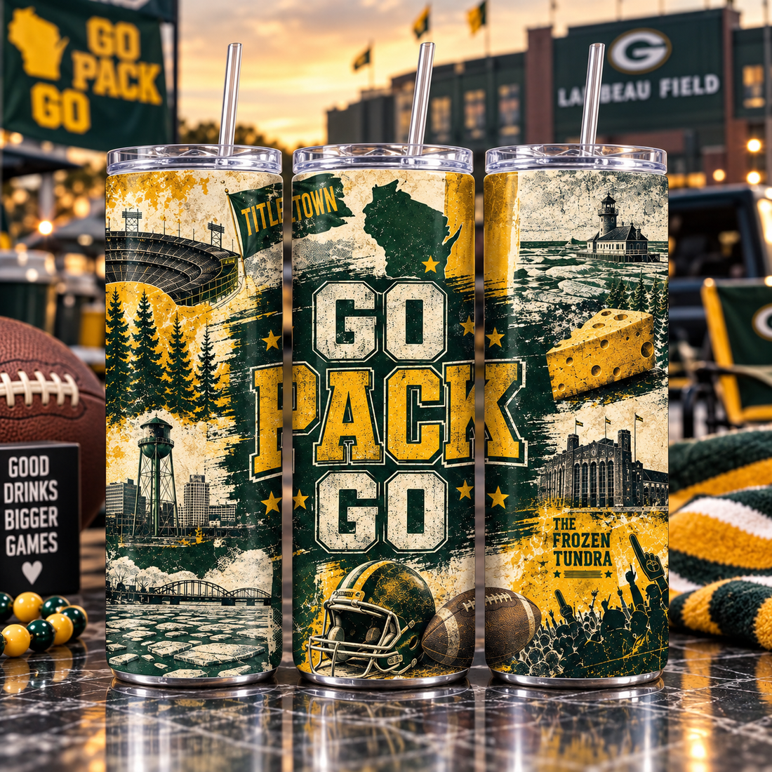 Green Bay Football Inspired 20 oz Tumbler | Go Pack Go Game Day Cup | Green and Gold
