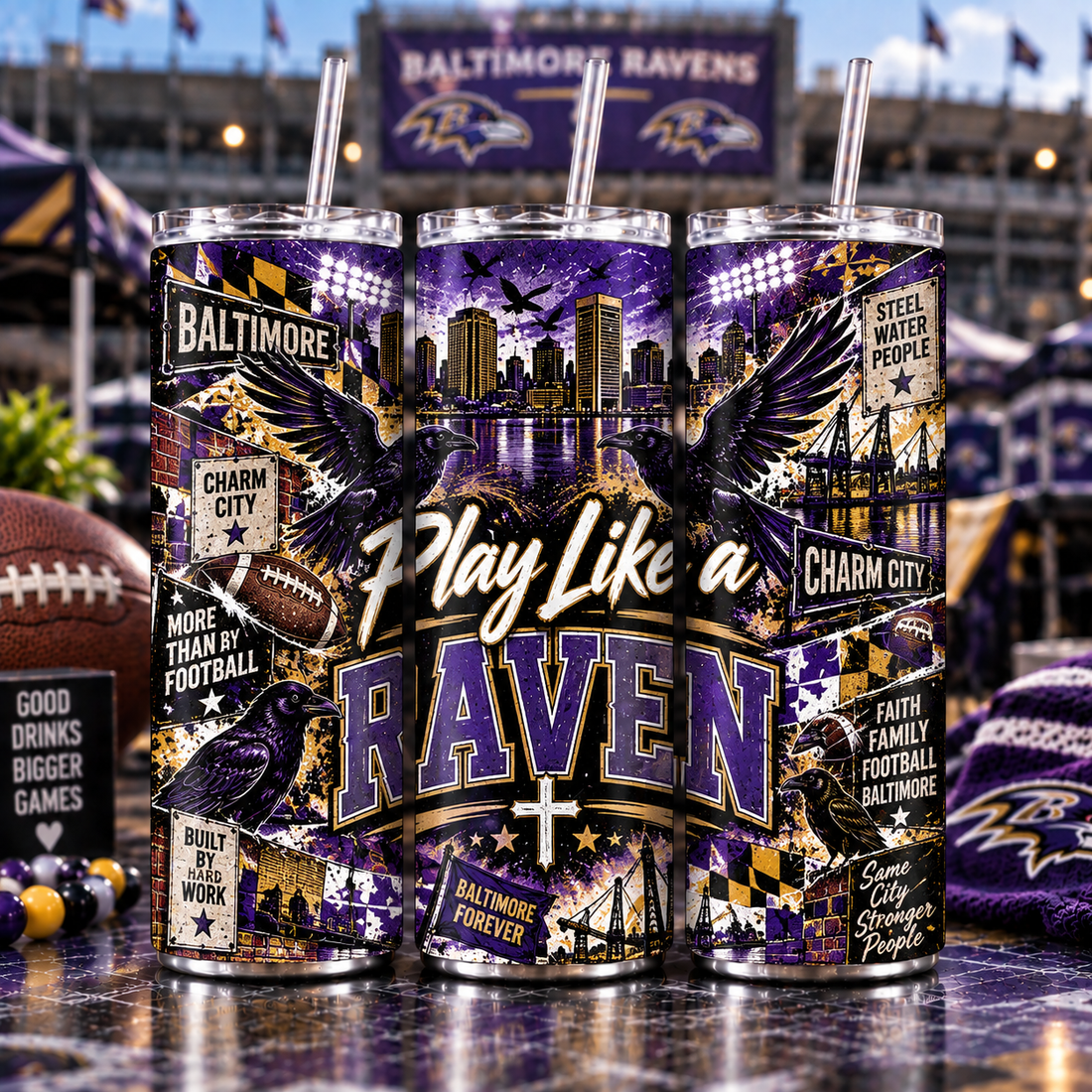 Baltimore Football Inspired 20 oz Tumbler | Play Like a Raven Game Day Cup | Purple and Gold