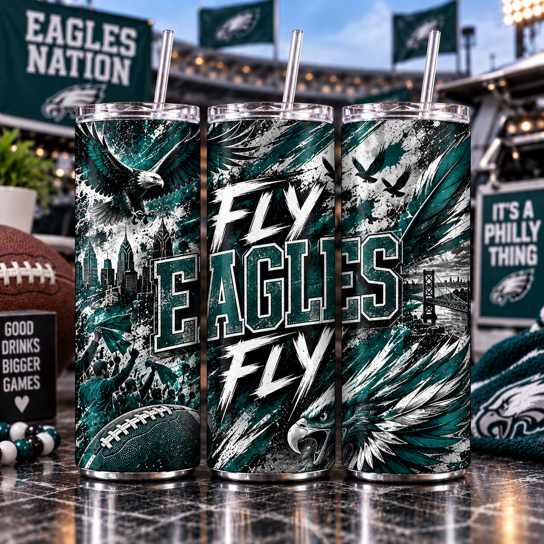 Philadelphia Football Inspired 20 oz Tumbler | Fly Eagles Fly Game Day Cup | Green and Black
