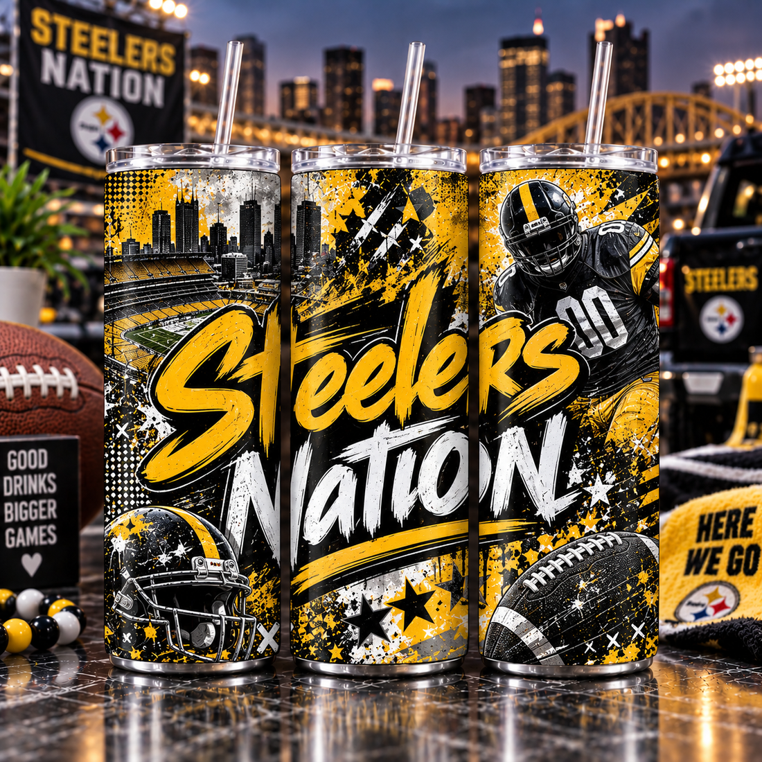 Pittsburgh Football Inspired 20 oz Tumbler | Steelers Nation Game Day Cup | Black and Gold