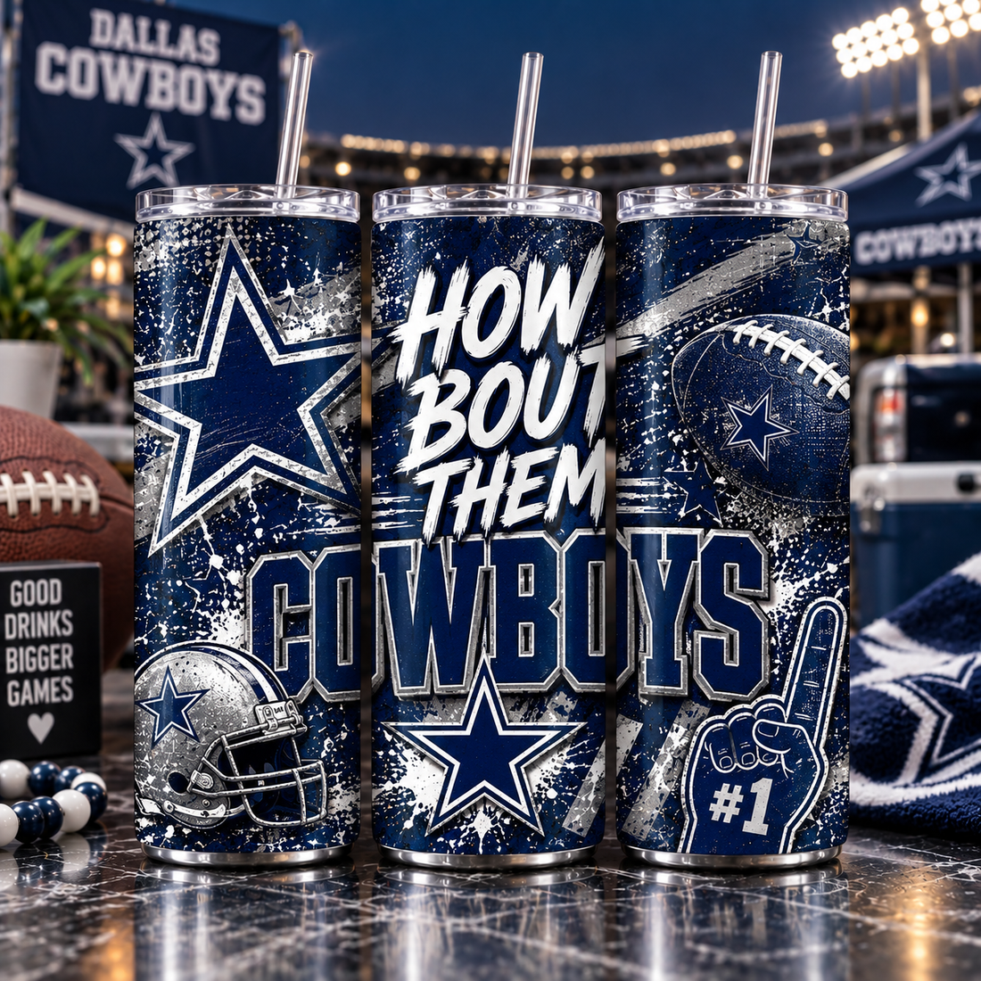 Dallas Football Inspired 20 oz Tumbler | How Bout Them Cowboys Game Day Cup | Navy and Silver