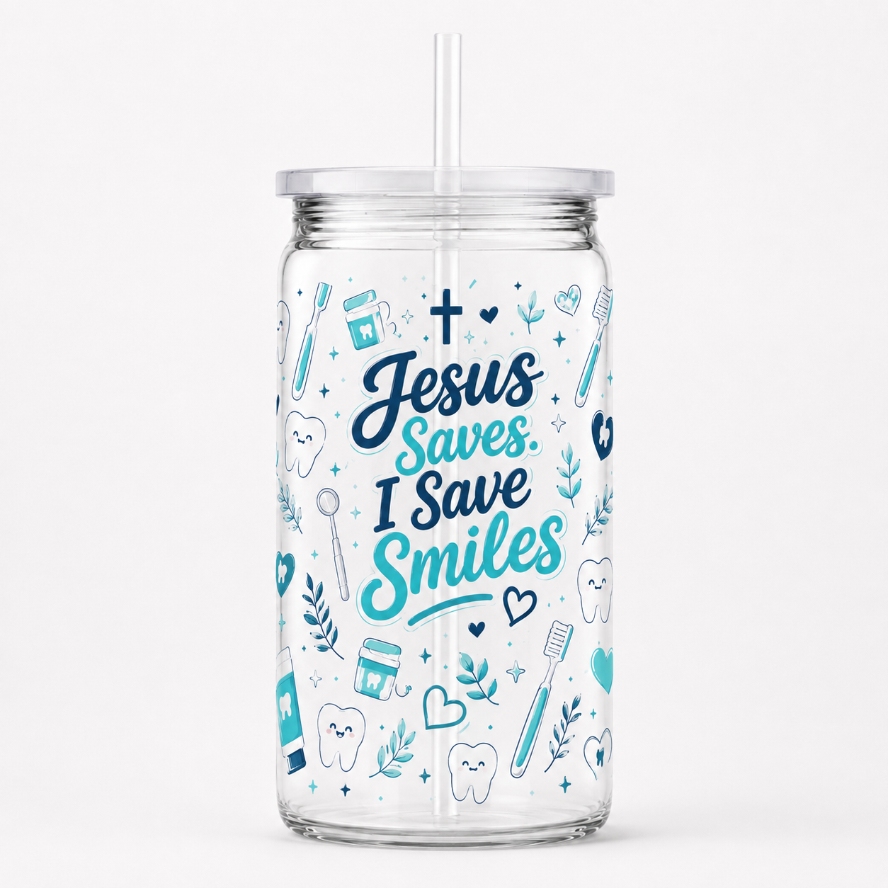 Jesus Saves I Save Smiles Blue UV DTF Cup Wrap | Christian Dental 16 oz Cup