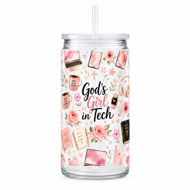 God’s Girl in Tech Pink Floral UV DTF Cup Wrap | Christian Tech Gift | 16 oz