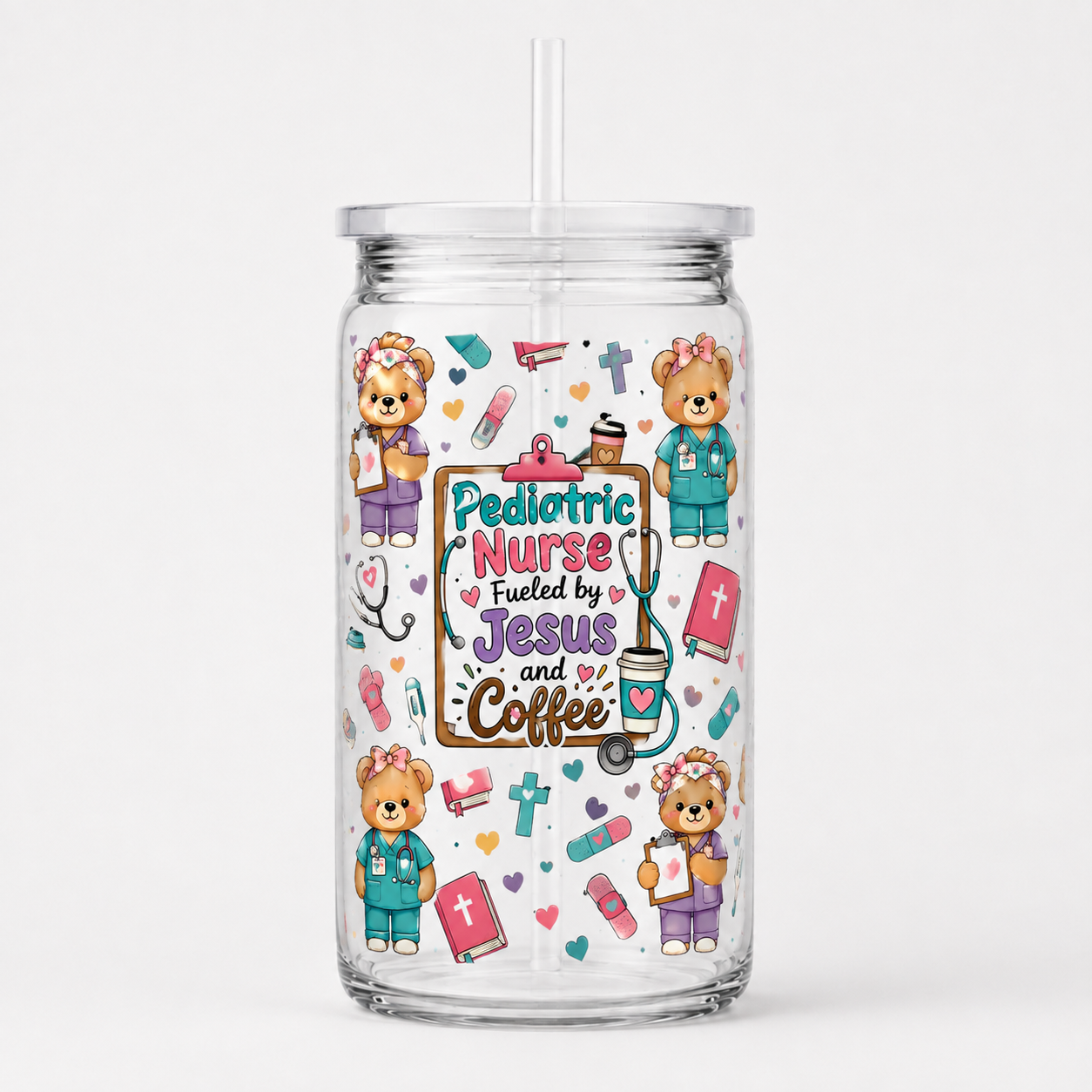 Pediatric Nurse Fueled by Jesus and Coffee Teddy Bear UV DTF Cup Wrap | 16 oz