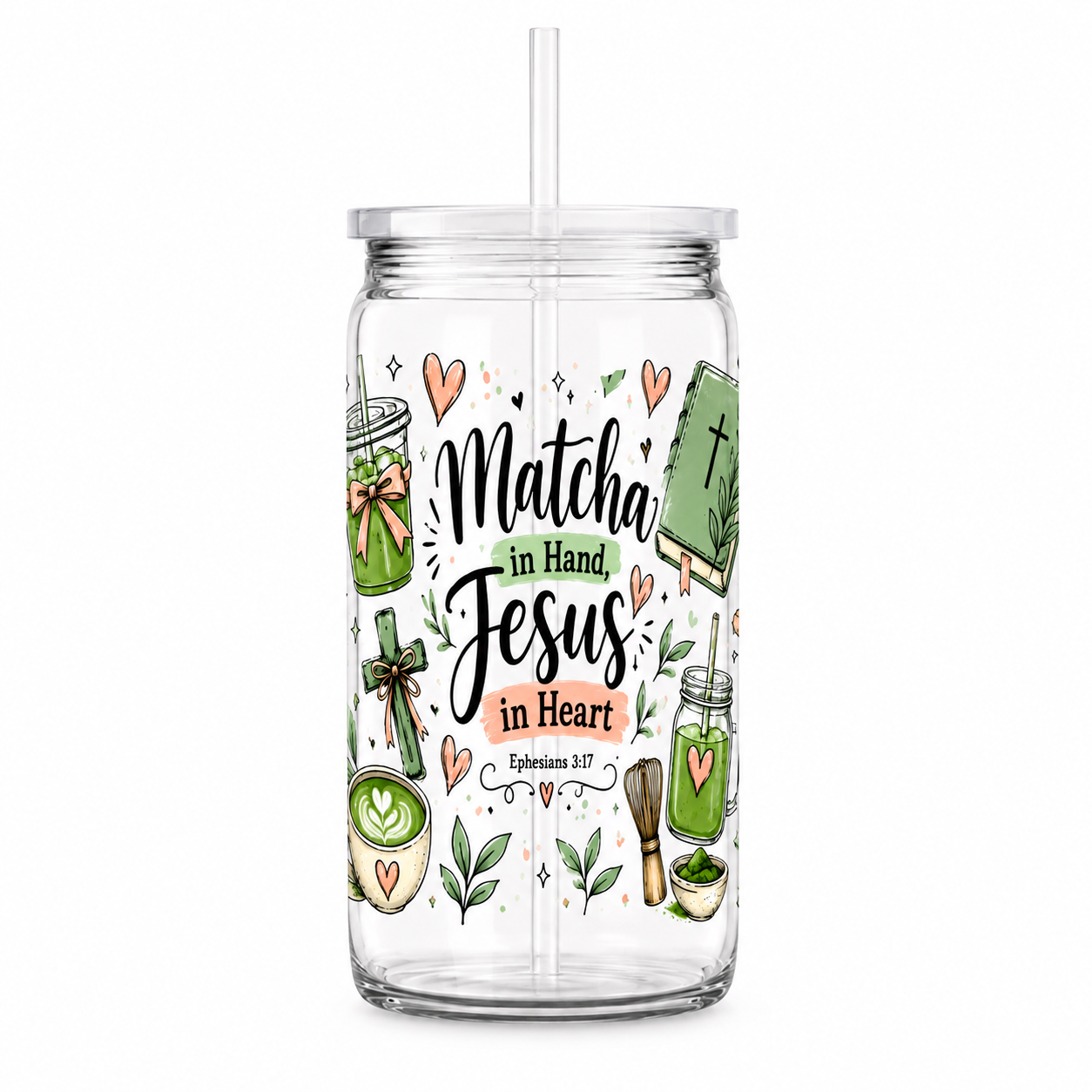 Matcha in Hand Jesus in Heart UV DTF Cup Wrap | Christian Matcha Gift | 16 oz