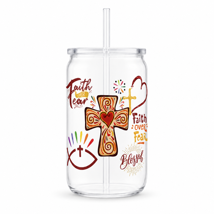 Faith Over Fear Colorful Cross UV DTF Cup Wrap | Christian Gift | 16 oz